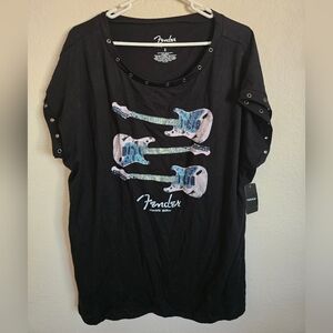 Fender Torrid Rockabilly Rock Black Tee with Electric Guitar Design Top Sz 2 NWT